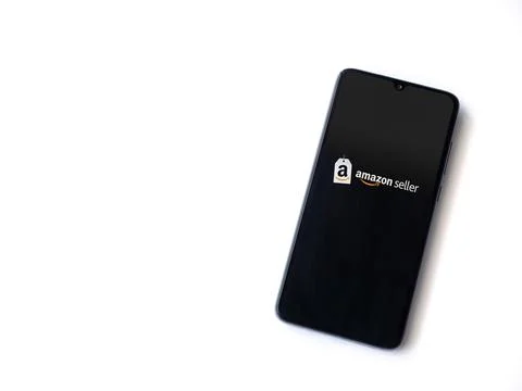 Amazon Seller app launch screen on smartphone on white background Stock Photos