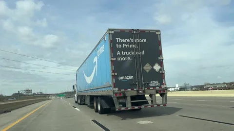 Amazon Semi Truck on Interstate - Delivery - Davenport, Iowa - April 19, 2025 Stock Footage 307887207