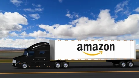 Amazon Semi Truck Pulling White Tractor Trailer on Highway - 3D Animation Stock Footage 107110084