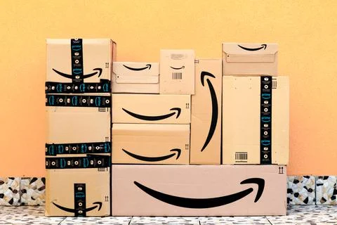 AMAZON Shipping Cardboard Boxes Stock Photos