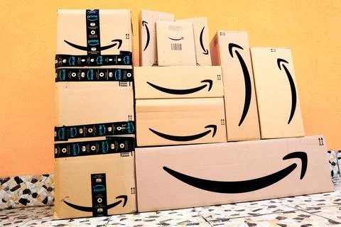 AMAZON Shipping Cardboard Boxes Stock Photos