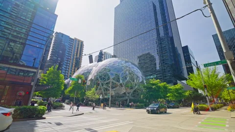 Amazon Spheres in downtown Seattle, Washington. Sunny street-level view of the Stock Footage 328358523