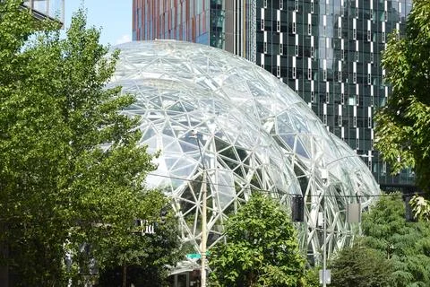 Amazon Spheres framed by trees and offices Stock Photos