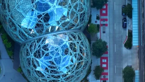 Amazon Spheres Top-Down Architectural Aerial View in Seattle Video stock 347403822