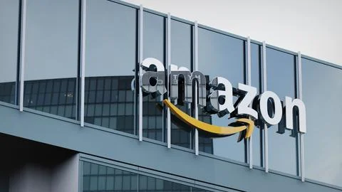 Amazon Stock data presented on the logo of the office facade editorial Stock Photos