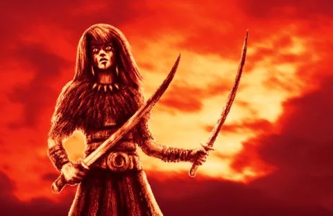Amazon with two swords in battle. Red color Stock Illustration