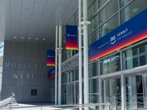Amazon Web Services (AWS) Summit banner in San Francisco at the entrance of t Stock Photos
