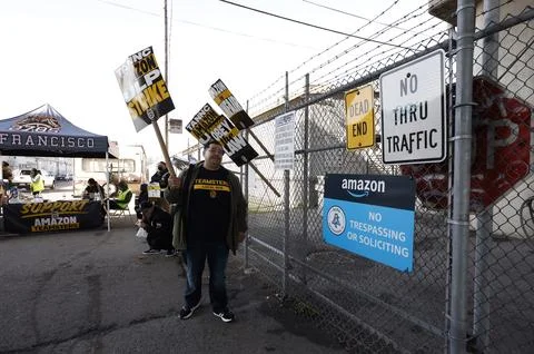 Amazon workers strike led by the Teamsters union at major U.S. hubs, San Francis Stock Photos
