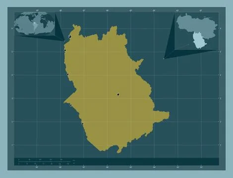 Amazonas, Venezuela. Solid color shape. Locations of major cities of the regi 스톡 일러스트