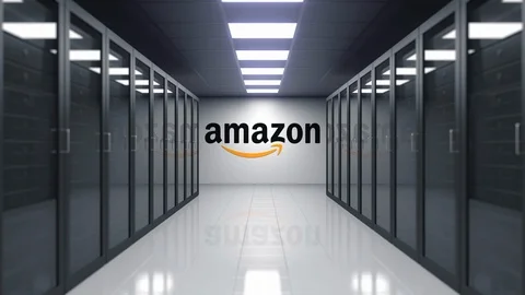 Amazon.com logo on the wall of the server room. Editorial 3D animation Stock Footage 89702426