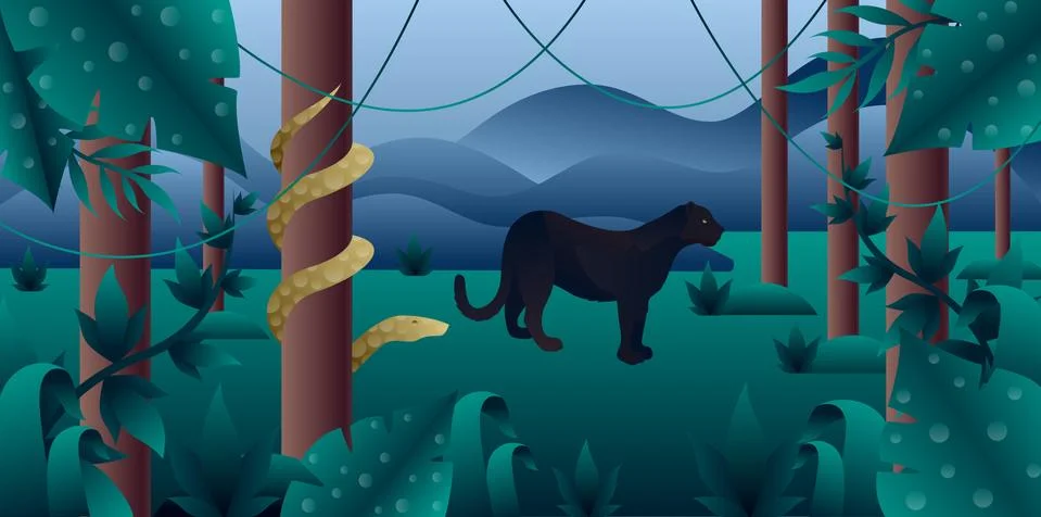 Amazonia forest with panther and python Illustrazione stock