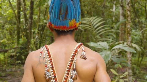 Amazonian indigenous man going walking trough amazonian jungle follow shot in Vidéo 113566290