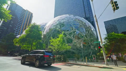 Amazon’s headquarters in Seattle, Washington, showcasing the modern tech Stock Footage 327439433