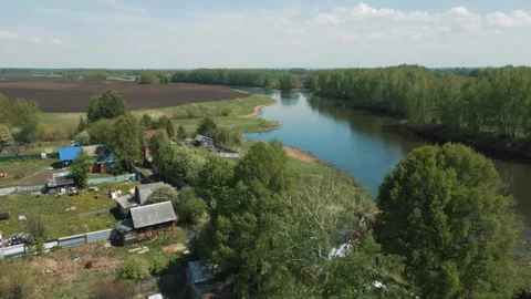 Amba River Flowing Birch Forest Drone Siberia Russia Video stock 337148011