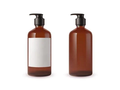 Amber bottle pump mockup with blank label vector. Realistic packaging template Stock Illustration