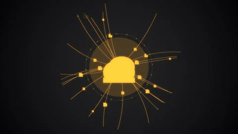 Amber cloud storage icon with files uploading and downloading along curved data 库存影片 335185157