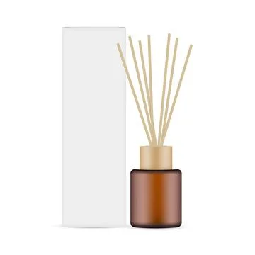 Amber Diffuser Bottle With Wooden Aroma Sticks and Paper Box Mockup Stock Illustration
