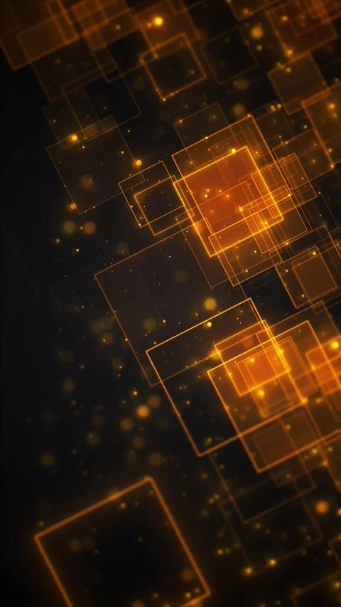 Amber digital square network scene layered boxes, glowing points, soft haze, bla Stock Footage 340398479