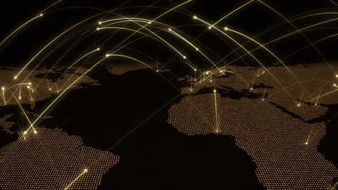 Amber dotted world map in tilted 3D view with glowing gold arcs linking citie Vídeo Stock 346891466