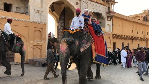 Amber Fort inside view, many tourists from different countries and elephants Stock Footage 119995840