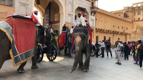 Amber Fort inside view, many tourists from different countries and elephants Stock Footage 119995978