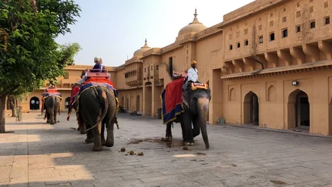 Amber Fort inside view, many tourists from different countries and elephants Stockbeeldmateriaal 119995983