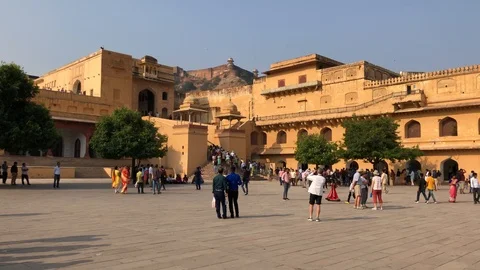 Amber Fort inside view, many tourists from different countries and elephants Stock Footage 119996125