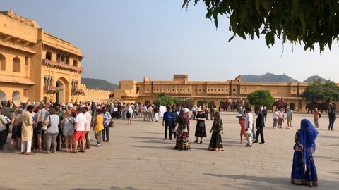 Amber Fort inside view, many tourists from different countries and elephants Stock Footage 119996224