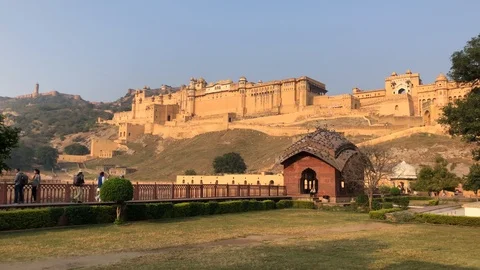 Amber Fort inside view, many tourists from different countries and elephants Stock Footage 119996236
