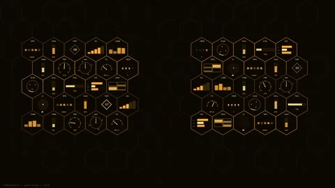 Amber Futuristic HUD Interface Displaying Hexagonal Tactical Data and Space.. Stock Footage 334110935