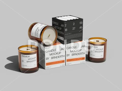 Amber Glass Candle Jars with Packaging Boxes Mockup PSD Template