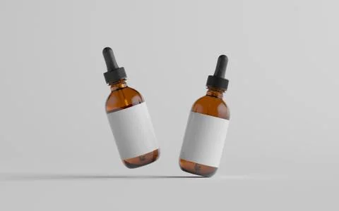 Amber Glass Dropper Bottle Mockup - Two Bottles. Blank Label. 3D Illustration Stock Illustration