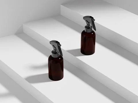 Amber glass Trigger sprayer bottle mockup, cylindrical PET plastic sprayer Illustrazione stock
