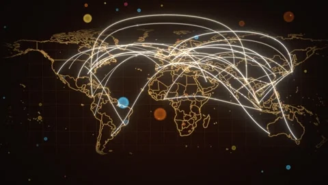 Amber Outline World Map With Transcontinental Data Routes Over Country Borders Stock Footage 343111197