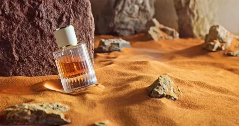 Amber perfumes in translucent glass bottle on sand. Stock-Footage 335108868