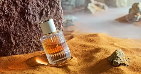 Amber perfumes in translucent glass bottle on sand. Stock-Footage 336494442