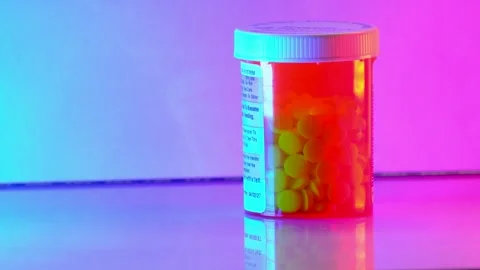 Amber Pill Bottle with White Tablets Under Pulsing Neon Lights Drug Concept Stock Footage 332136772