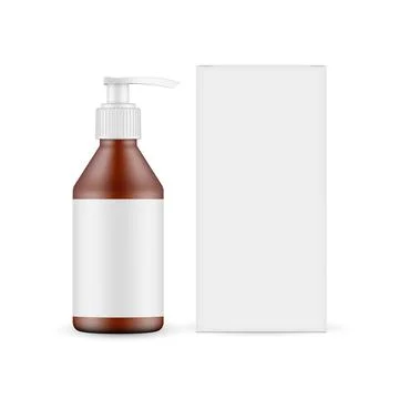 Amber Pump Bottle Mockup with Blank Label and Paper Packaging Box Front View Stock Illustration
