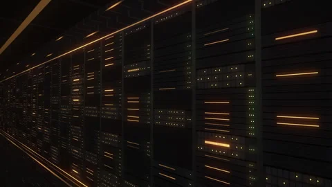 Amber Server Racks in Dark Data Center Tracking Shot Stock Footage 346888640