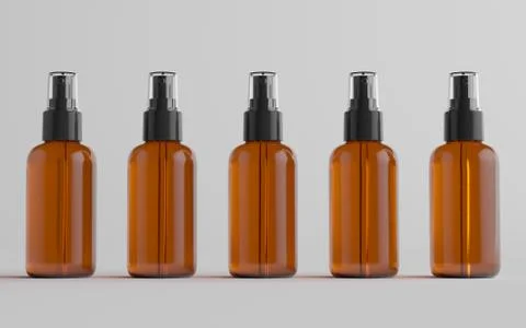 Amber Spray Bottle Mockup - Multiple Bottles. 3D Illustration Stock Illustration