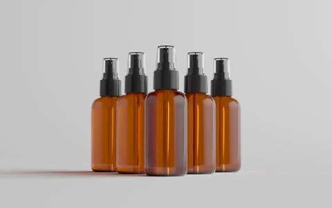 Amber Spray Bottle Mockup - Multiple Bottles. 3D Illustration Stock Illustration