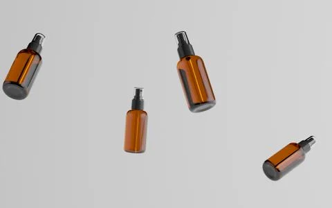 Amber Spray Bottle Mockup - Multiple Floating Bottles. 3D Illustration Stock Illustration