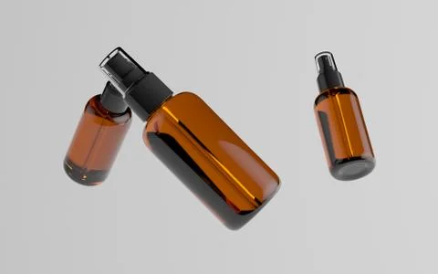 Amber Spray Bottle Mockup - Multiple Floating Bottles. 3D Illustration Stock Illustration
