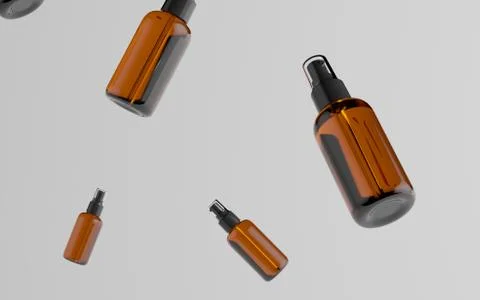 Amber Spray Bottle Mockup - Multiple Floating Bottles. 3D Illustration Stock Illustration
