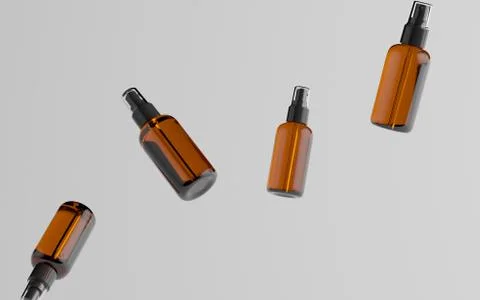 Amber Spray Bottle Mockup - Multiple Floating Bottles. 3D Illustration Stock Illustration