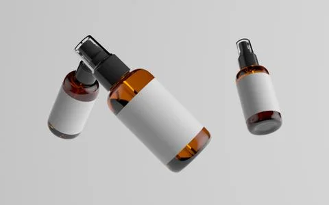 Amber Spray Bottle Mockup - Multiple Floating Bottles. Blank Label. 3D Illust Stock Illustration