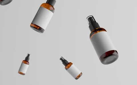 Amber Spray Bottle Mockup - Multiple Floating Bottles. Blank Label. 3D Illust Stock Illustration