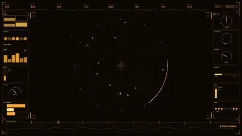 Amber tactical sci-fi HUD interface with radar telemetry and spaceship syst.. Stock Footage 334102425