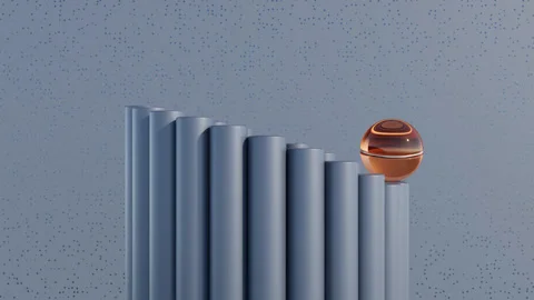 Amber Transparent Sphere with Golden Ring Rolling over Dark Graphite Columns Stock Footage 289311937