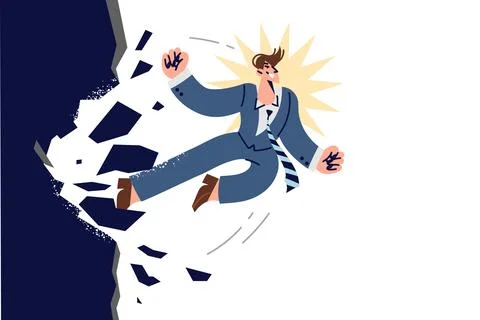 Ambitious business man breaks down wall, wanting destroy obstacle on way to Stock Illustration